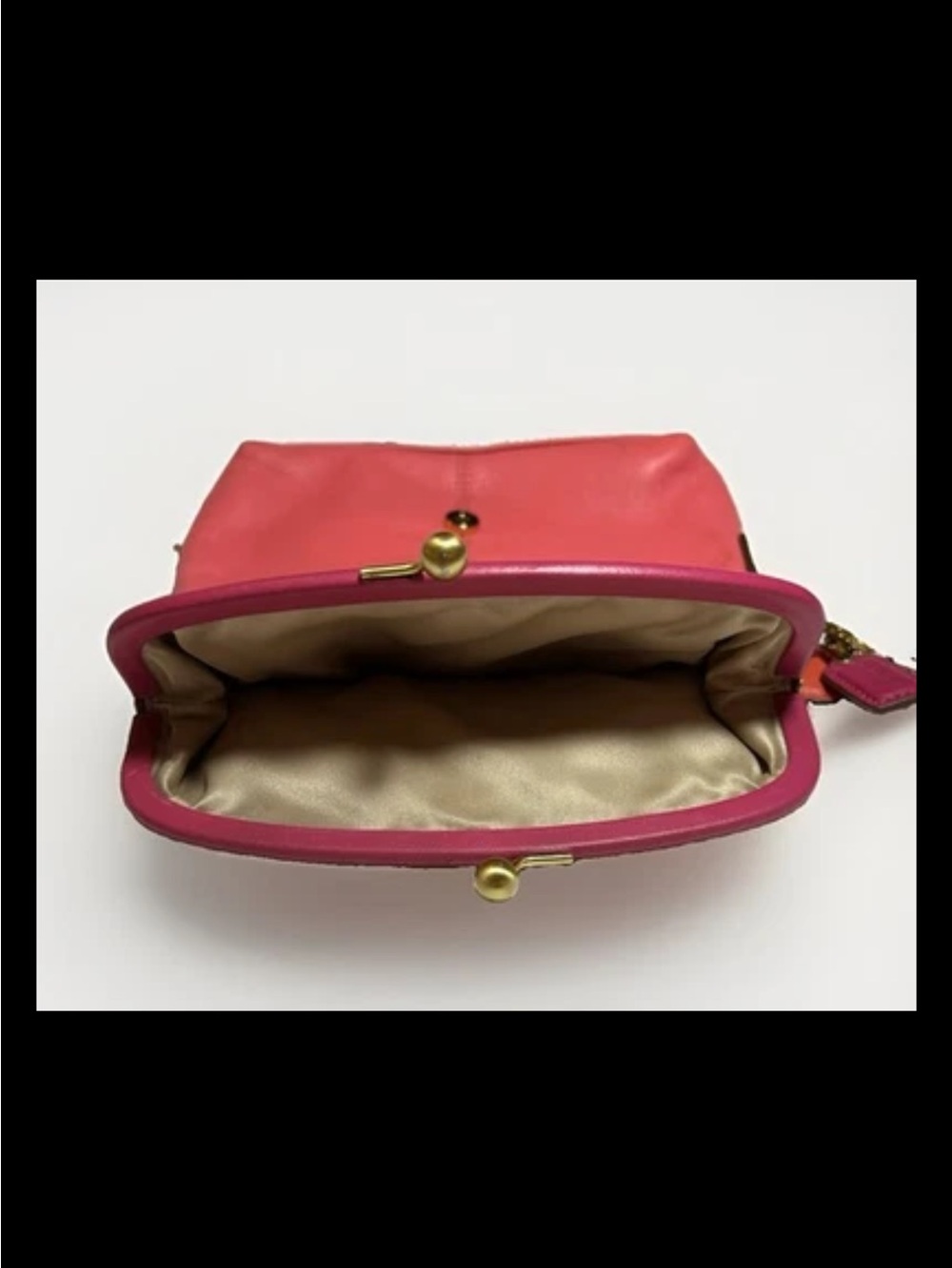 Coach Clutch/Wristlet, Foldover, Kisslock, Two-Tone Coral, Pink Leather, Brass - Picture 9 of 14